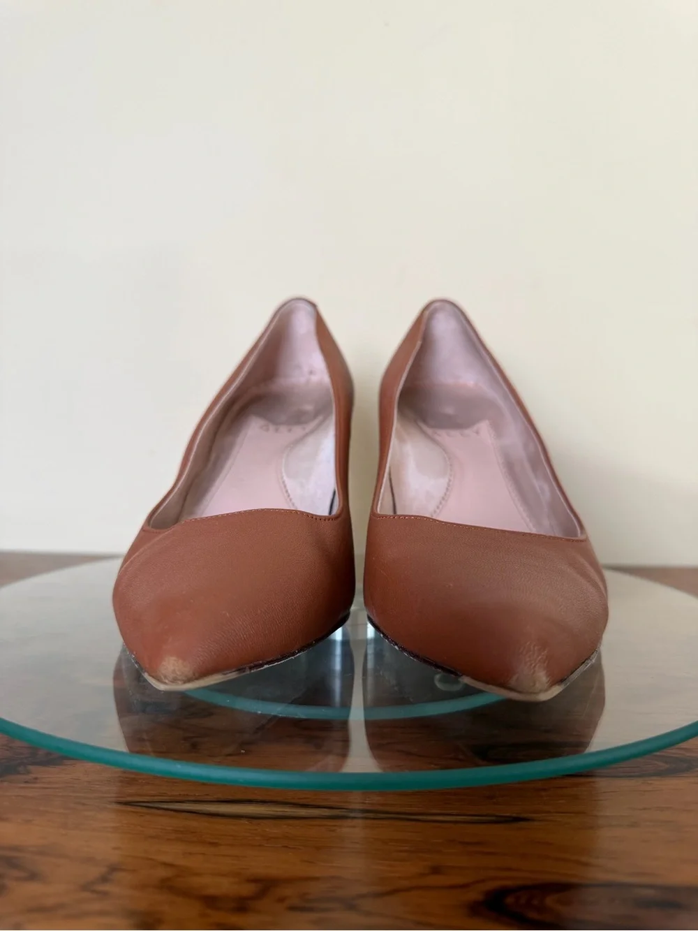 ALLY Shoes Caramel Brown Leather Pointed Block Heel Pumps 37.5B / US 7 7.5